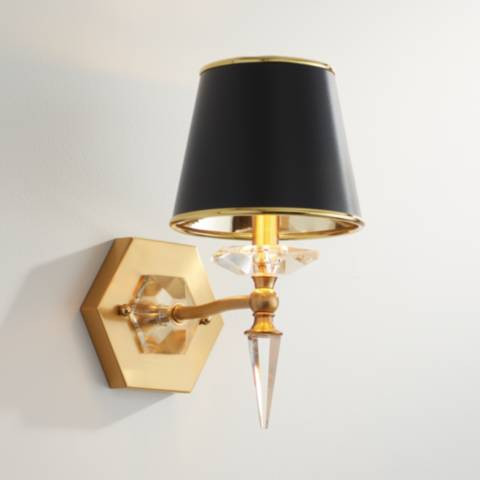 Manhattan 13" High Black and Brass Finish Wall Sconce with Crystal | Lamps Plus