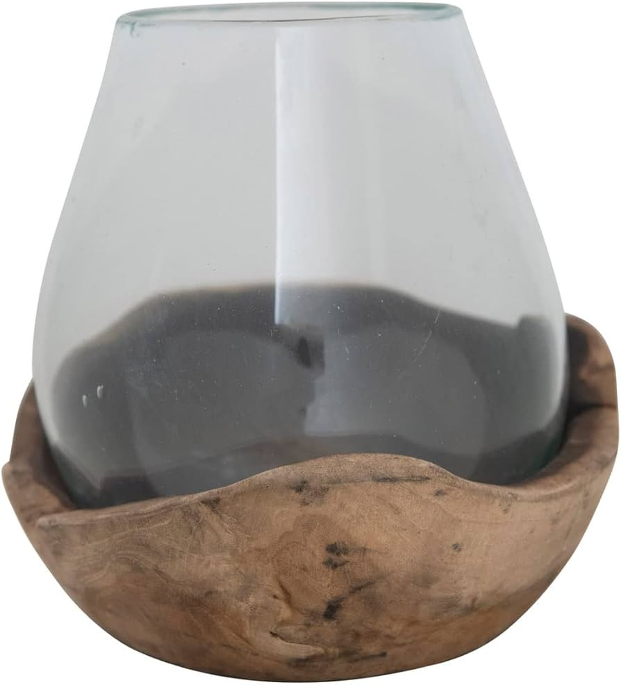 Creative Co-Op Glass Hurricane on Natural Wood Base Vase, 7" L x 7" W x 9" H | Amazon (US)