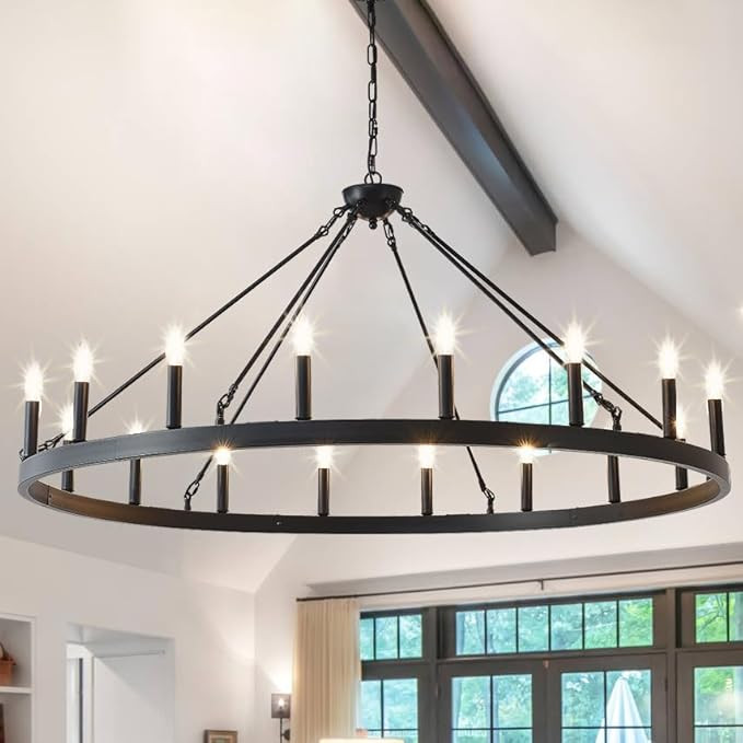 53 Inch Large Farmhouse Wagon Wheel Chandelier,Black 18-Light Rustic Round Hanging Light Fixture,... | Amazon (US)