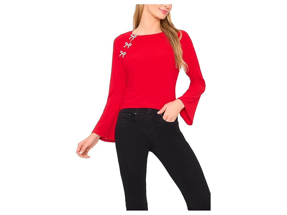 CeCe Pearl Bow Applique Long Sleeve Knit Top Women's Clothing Luminous Red 1 : XS, Polyester/Spandex | Zappos