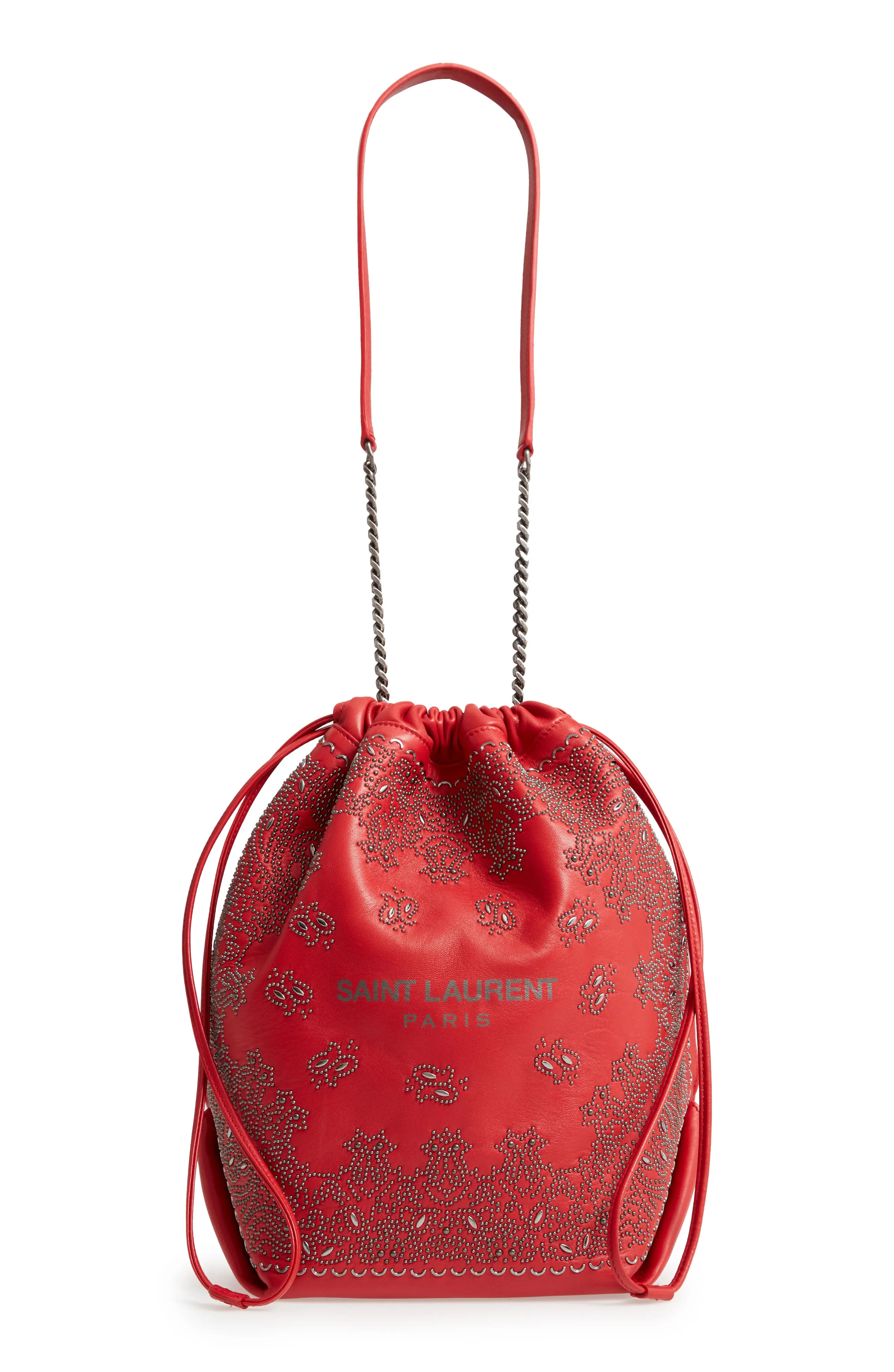 Saint Laurent Teddy Bandana Studded Leather Bucket Bag - Red | Nordstrom