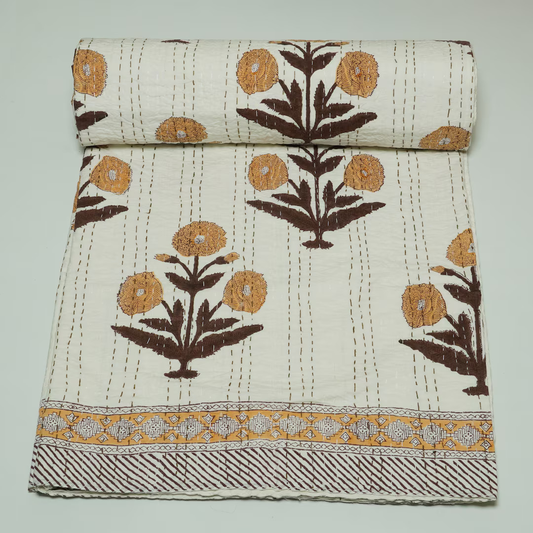 Floral Block Print Indian Kantha Quilt – White Cream Mustard Cotton Handmade Indian Bedspread f... | Etsy (US)