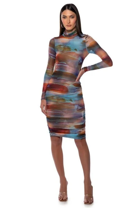 MEL PRINTED OPEN BACK MIDI DRESS IN BROWN MULTI | AKIRA