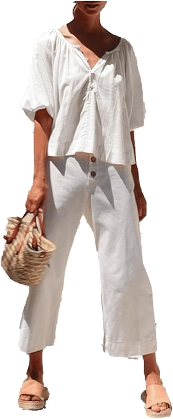 Women's 100% Cotton Buckle Half Sleeve Lantern Sleeve Loose Vintage Blouse | Amazon (US)