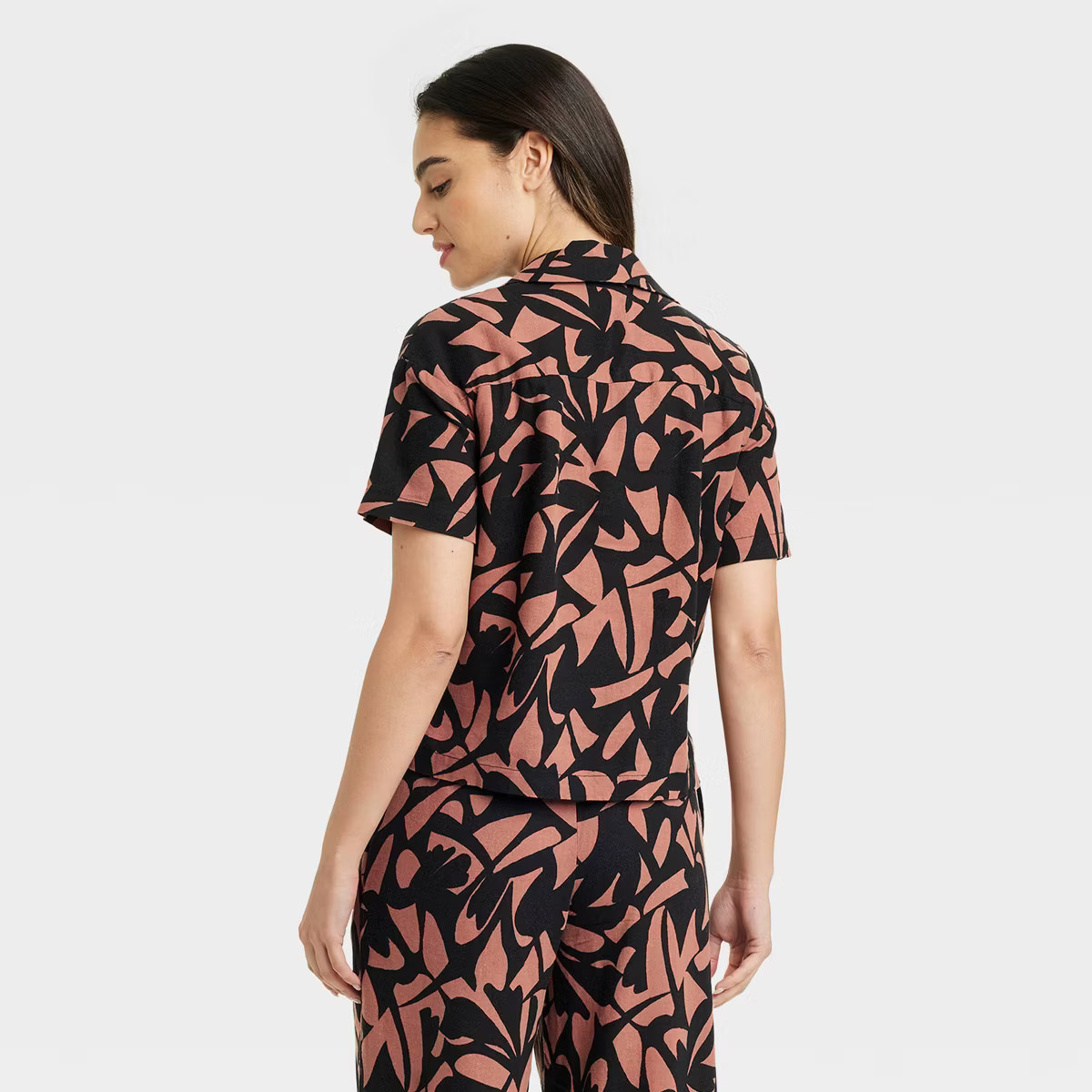 Women's Linen Short Sleeve Button-Down Camp Shirt - A New Day™ Black/Brown Floral XS | Target