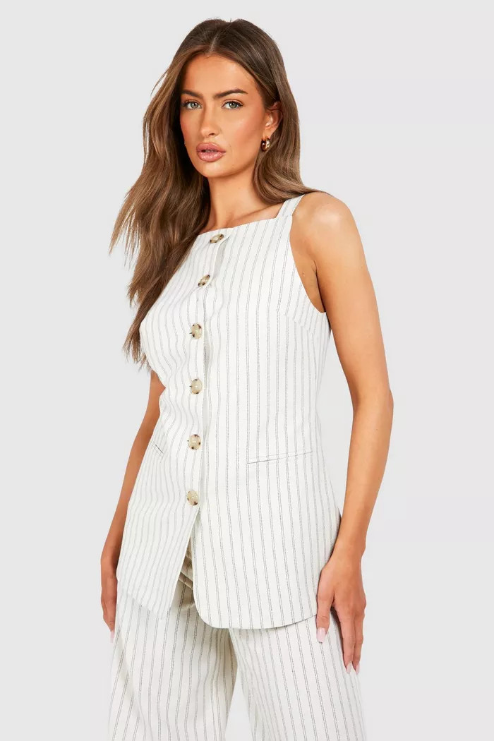 Textured Pinstripe Mock Horn Button Longline Waistcoat | boohoo (US & Canada)