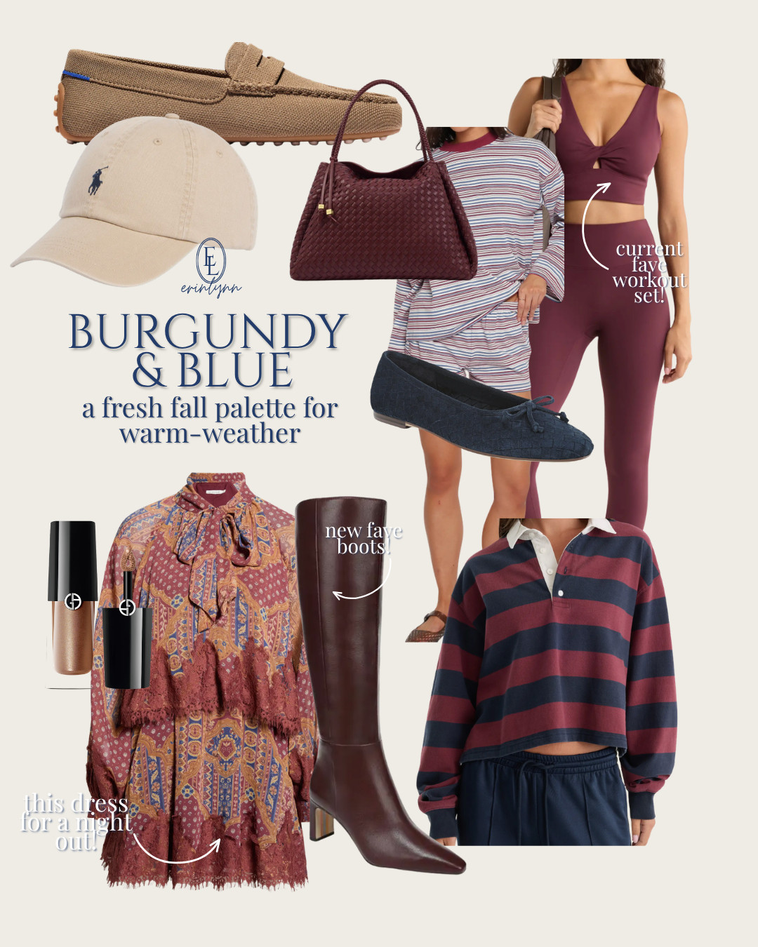 Burgundy and blue may be my favorite fall color pairing yet. It feels classic, polished, and easy to wear now—even when Florida hasn’t gotten the fall-weather memo. 
Burgundy activewear, blue button-down, dark-wash denim, striped rugby sweater, ballet flats, suede bag, transitional fall outfit, classic fall style