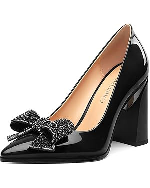 Womens Chunky Block High Heels Patent Closed Pointed Toe Bow Pumps Slip on Heels Wedding Party Dr... | Amazon (US)
