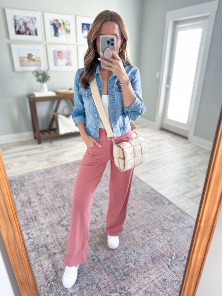 Amazon wide leg pants in XS petite, color cameo. Amazon travel outfit. Business casual pants. Nike court legacy lift sneakers. Spring little. Casual outfit.

#LTKtravel #LTKfindsunder50 #LTKshoecrush