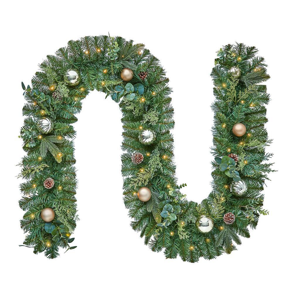 9 ft. St. Germain Battery Operated Mixed Pine LED Pre-Lit  Christmas Garland with Timer | The Home Depot