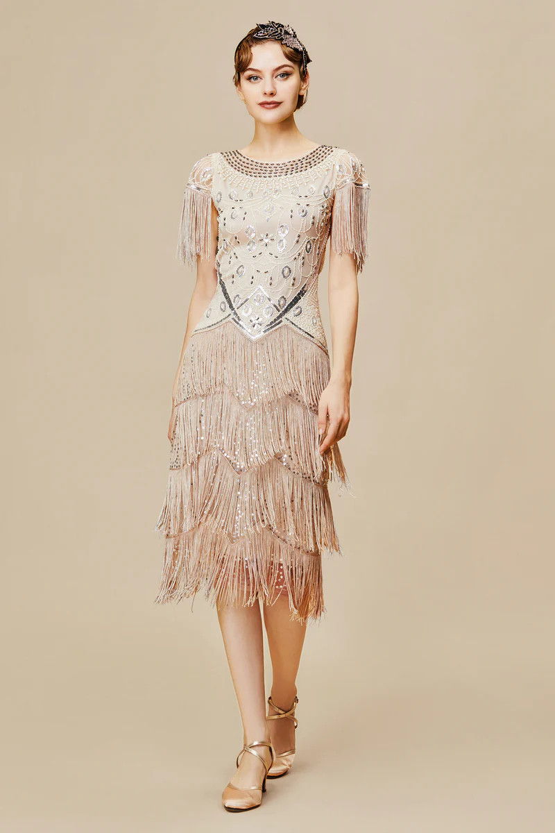 Shop 1920s Dresses - Sheer Sleeves Fringe Sequin Dress | BABEYOND | BABEYOND