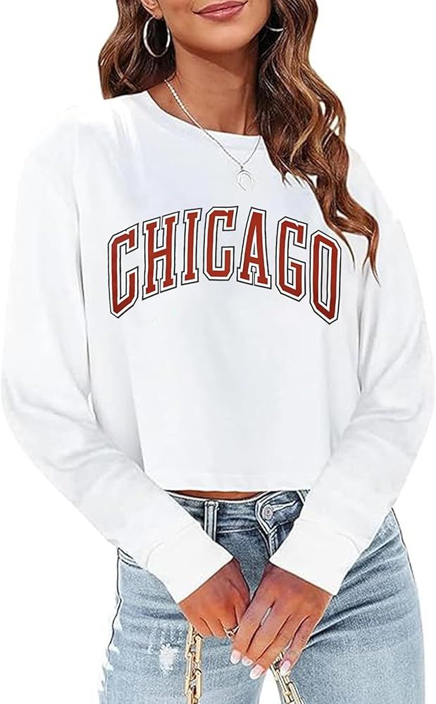 Sumtory Women Long Sleeve Crew Neck Sweat Shirts Loose Fit Letter Print Pullovers Crop Tee Tops | Amazon (US)