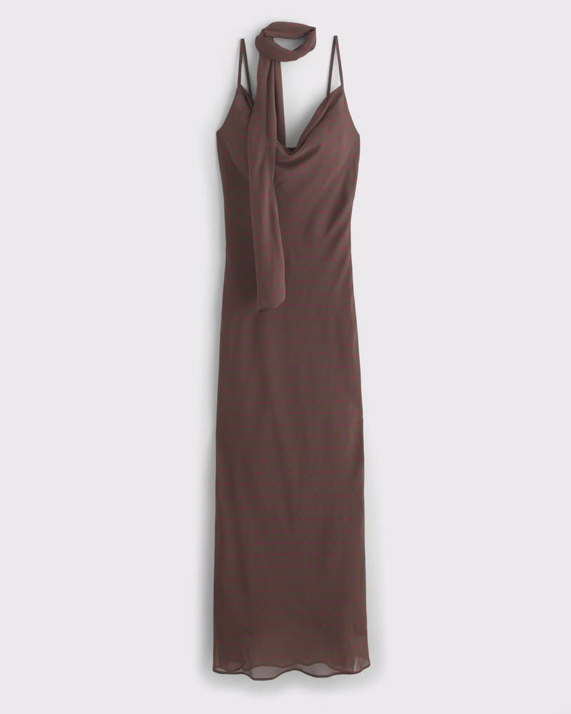 Abercrombie & Fitch Women's The A&F Julia Slip Scarf Maxi Dress in Brown Dot - Size S TALL | Abercrombie & Fitch (US)
