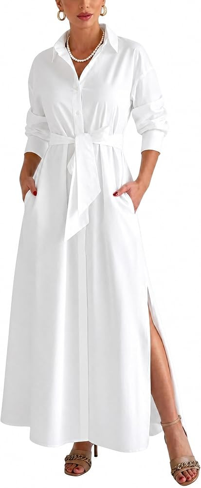 Choichic Shirt Dresses for Women Oversized Side High Slit Long Sleeve Button Down Maxi Dresses Co... | Amazon (US)