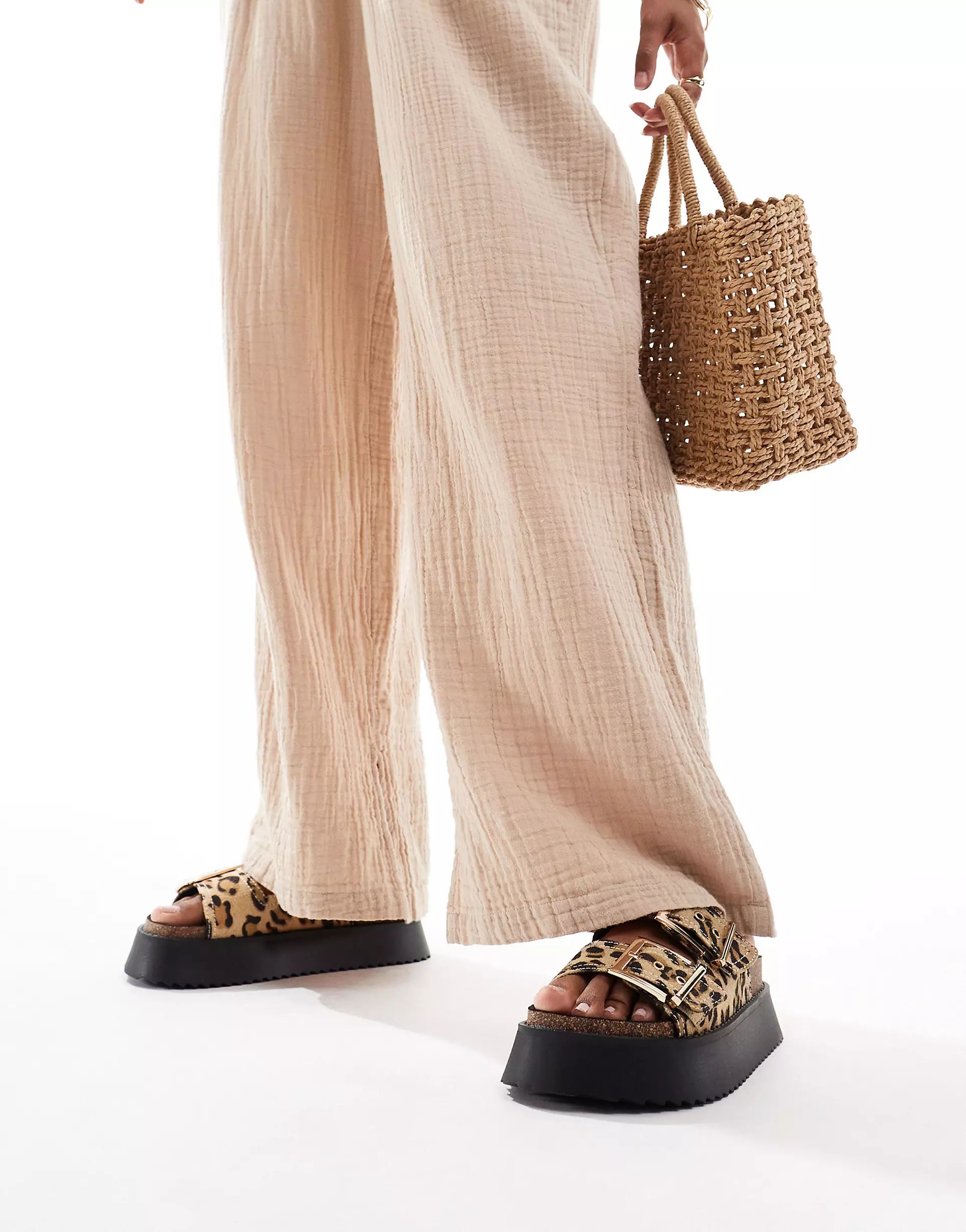 ASOS DESIGN Firecracker double strap footbed flat sandals in leopard | ASOS (Global)