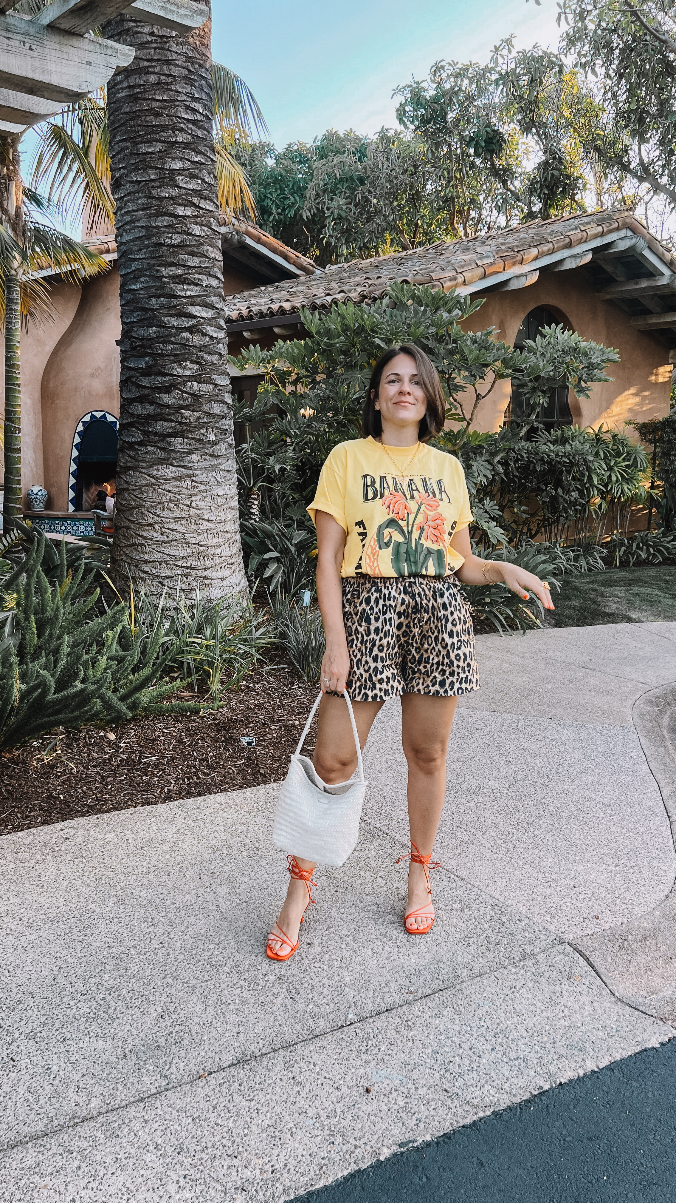 summer date night outfit idea, leopard shorts - Damson Madder, old linking similar, Farm Rio graphic tee, Larroude shoes Madewell bag. 

 #LTKStyleTip #LTKShoeCrush #LTKItBag
