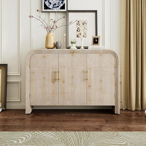 Bellemave Curved Sideboard Retro Buffet Cabinet Accent Storage Cabinet Freestanding Entryway Cabinet with Gold Handles and Adjustable Dividers for Dining Room, Kitchen (Natural Wood Wash) | Amazon (US)