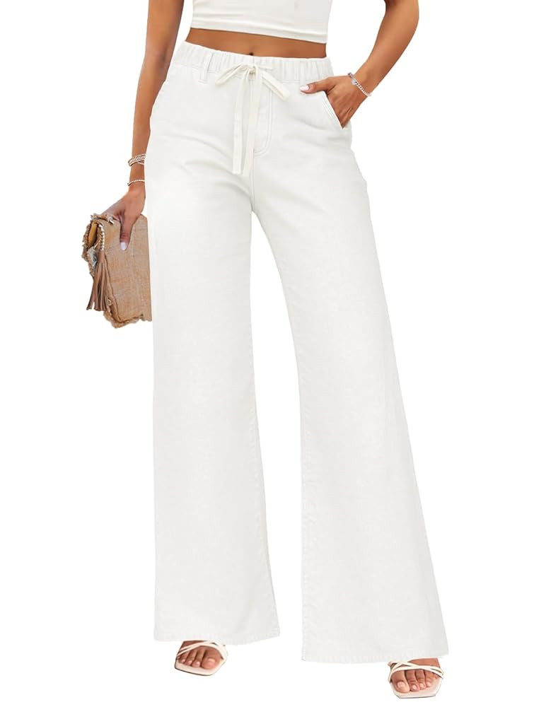 ZESICA Womens Drawstring High Waist Jeans Loose Fit Wide Leg Straight Baggy Trendy Denim Pants wi... | Amazon (US)
