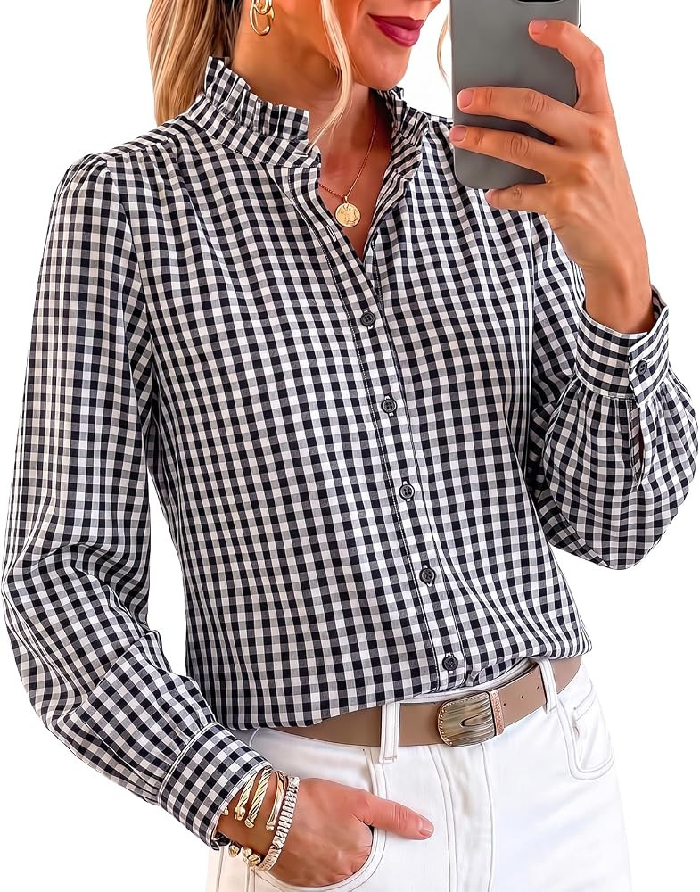 Cicy Bell Womens Striped Button Down Shirts Ruffle Color Block Blouses | Amazon (US)