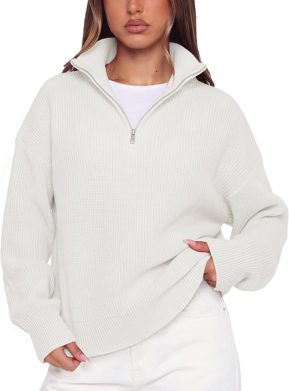 SUUKSESS Women Cashmere Blend Oversized Quarter Zip Pullover Sweater | Amazon (US)