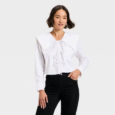 Women's Long Sleeve Relaxed V-Neck Tie-Front Blouse - Future Collective White XS | Target