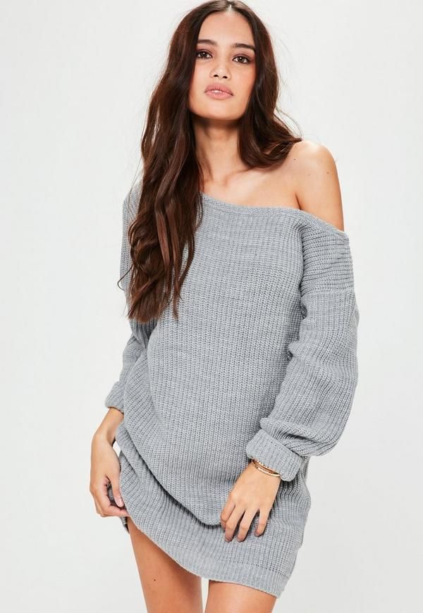 Off Shoulder Knitted Sweater Dress Gray | Missguided (US & CA)