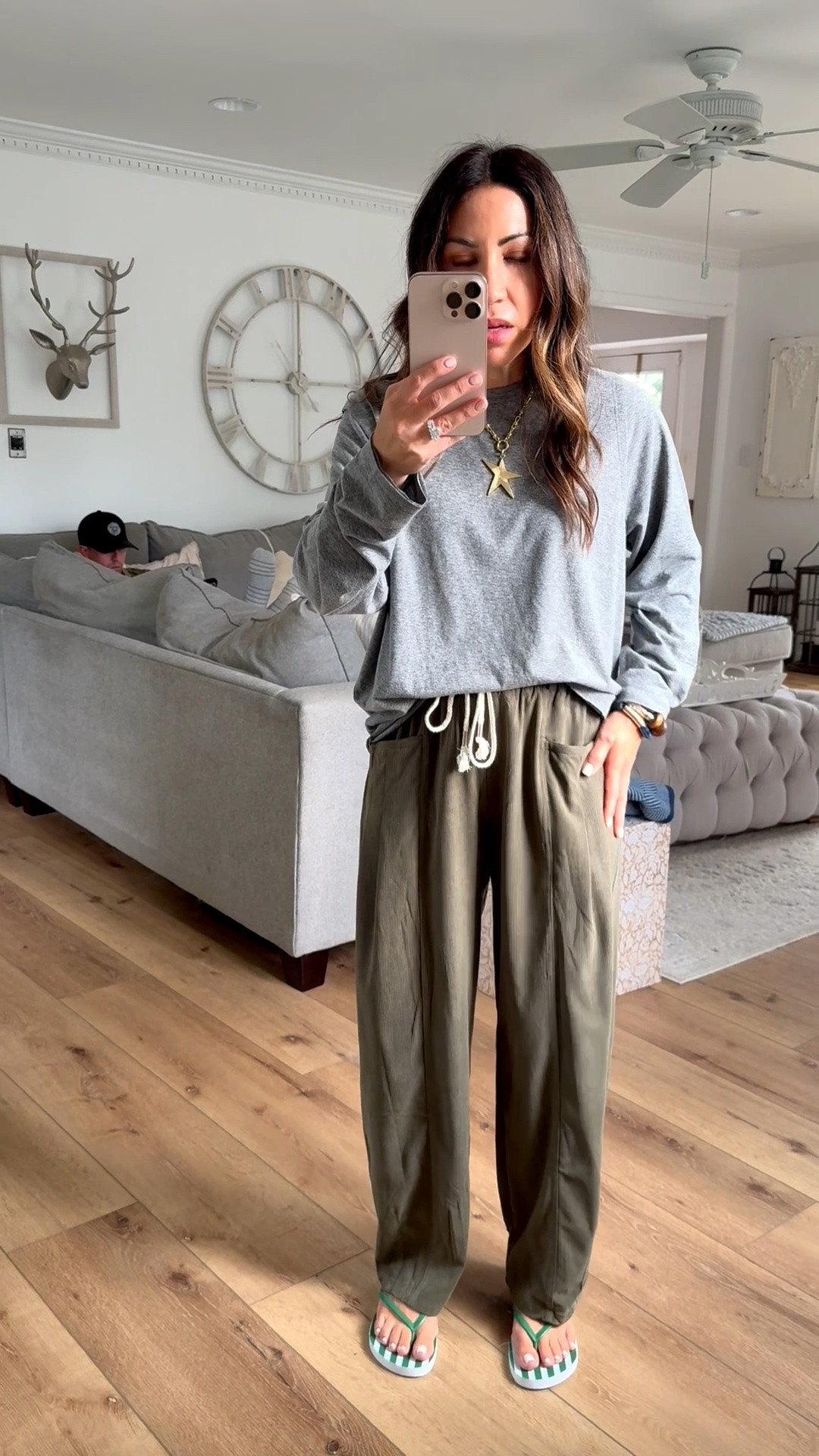 Small gray long sleeve tee. Small corduroy pants. Jewelry code houseofleo30

#LTKOver40 #LTKPetite #LTKootd