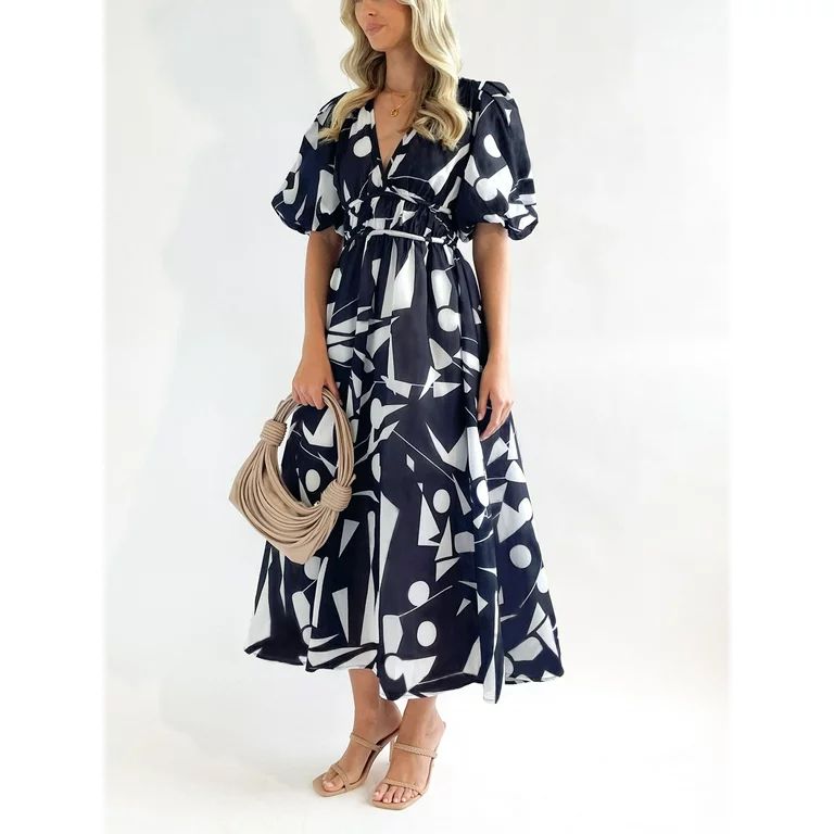 Women Summer Casual A-line Dress Floral Print V-Neck Short Puff Sleeve Midi Dress Fashion Holiday... | Walmart (US)
