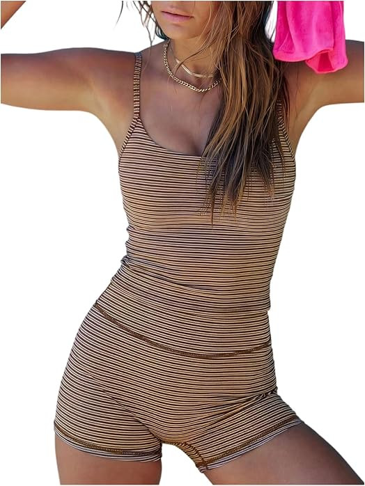 GORGLITTER Women's Striped Workout Set Biker Shorts Fitness Clothing | Amazon (US)