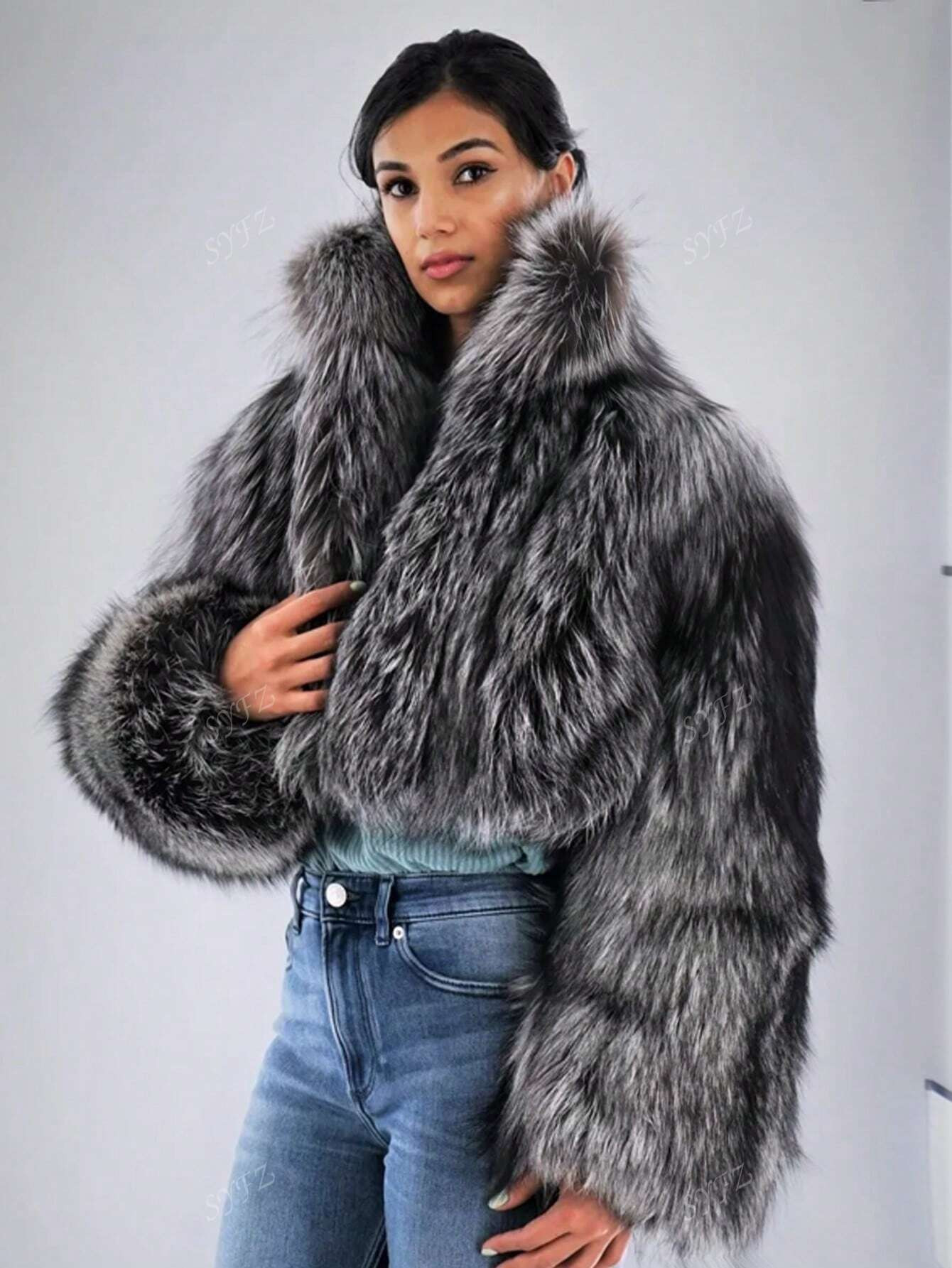 Women's Fashionable Casual Elegant Faux Silver Fox Gradient Long Sleeve Faux Fur Jacket, Autumn/W... | SHEIN