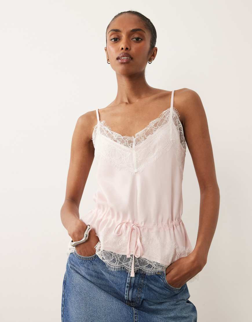ASOS DESIGN satin lace trim tie waist cami top in pink | ASOS (Global)