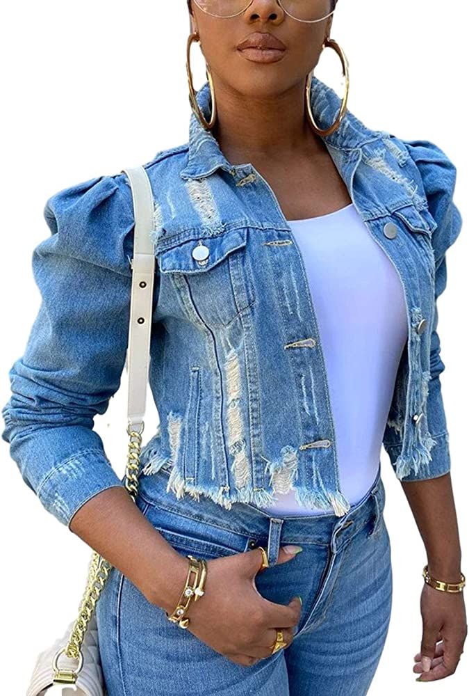 Omoone Women's Ripped Puff Sleeve Denim Crop Top Long-Sleeve Cropped Jean Jacket | Amazon (US)