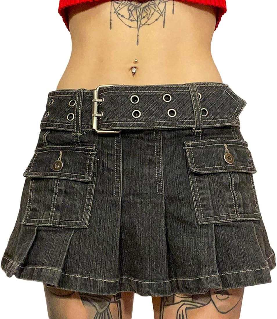 Fanvereka Women Low Waist Pleated Skirt Y2k Cargo Short Denim Skirt Casual Mini A-line Jean Skirt... | Amazon (US)