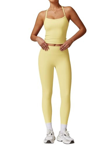 ABOCIW Workout Sets for Women 2 Piece Padded Sports Bra Tank Top High Waist Leggings Sets Active Gym Yoga Work Out Clothes Yellow X-Small | Amazon (US)