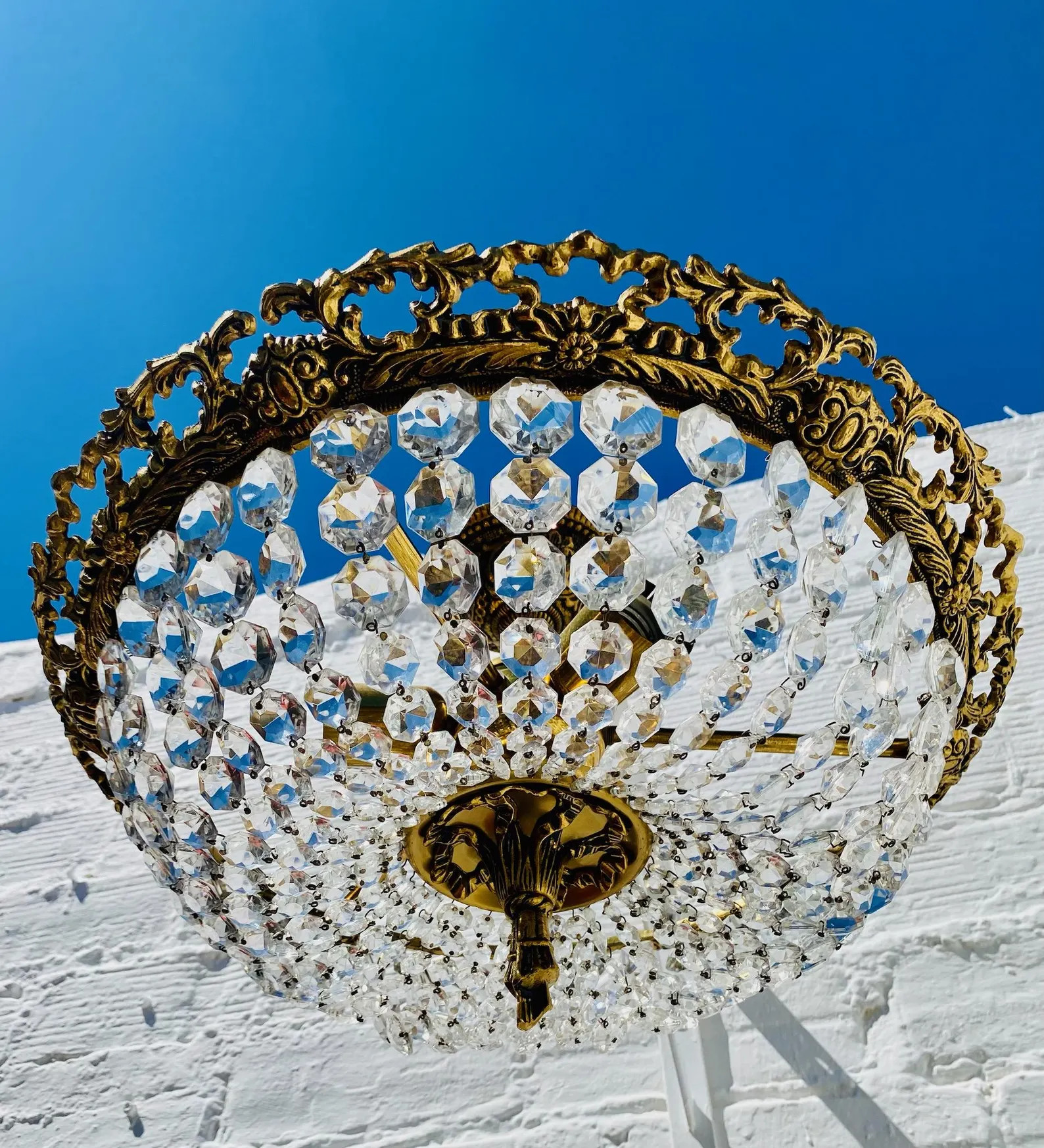 Large Antique Bronze Bowl Chandelier, Graduated Crystals, Semi Flush Mount, 11" L X 17.5" W, Suit... | Etsy (US)