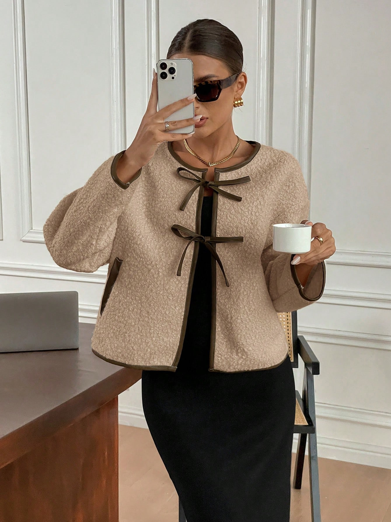 SHEIN Frenchy Women Casual Tie-Up Contrast Trim Bow Jacket, Autumn/Winter | SHEIN USA | SHEIN