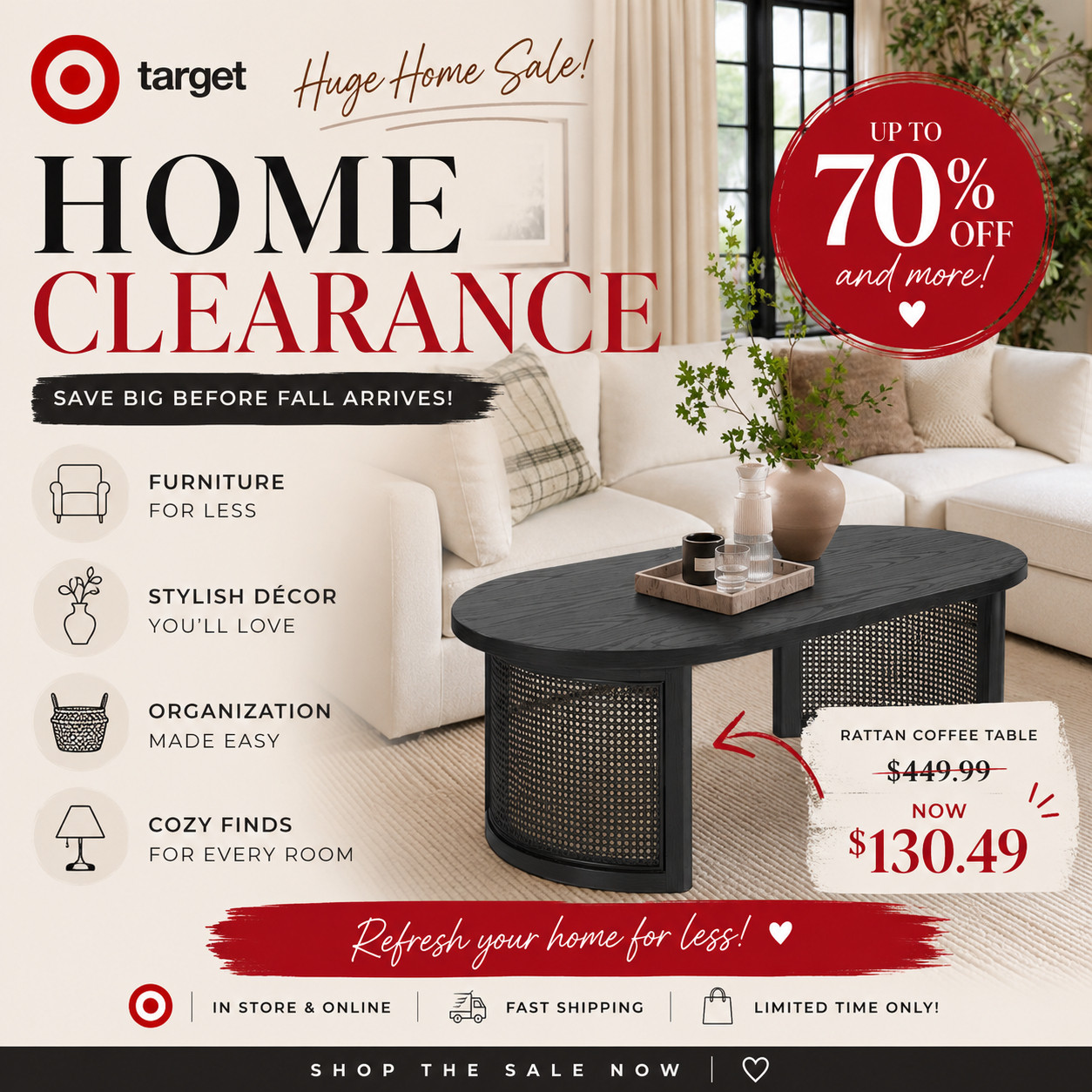 🏡✨ Target's End-of-Summer Home Clearance is one of my favorite sales of the season!

I'm finding incredible deals on furniture, accent tables, bar carts, home décor, organization, patio essentials, and cozy pieces to refresh your home before fall arrives. Some markdowns are up to 70% off, and many of these finds won't be restocked.

I've rounded up my favorite clearance picks in my LTK—shop now before they're gone!

🤍 Shop my Target Home Summer Clearance favorites through the link in my LTK.

#LTKHome #LTKSale #TargetHome #TargetStyle #HomeDecor #HomeInspo #SummerClearance #CozyHome #InteriorStyle #HomeRefresh #HomeOrganization #PatioDecor #NeutralHome #HomeDeals #SandalwoodAndSerenity #TheHollowQuill 

 #LTKSeasonal #LTKHome #LTKSaleAlert