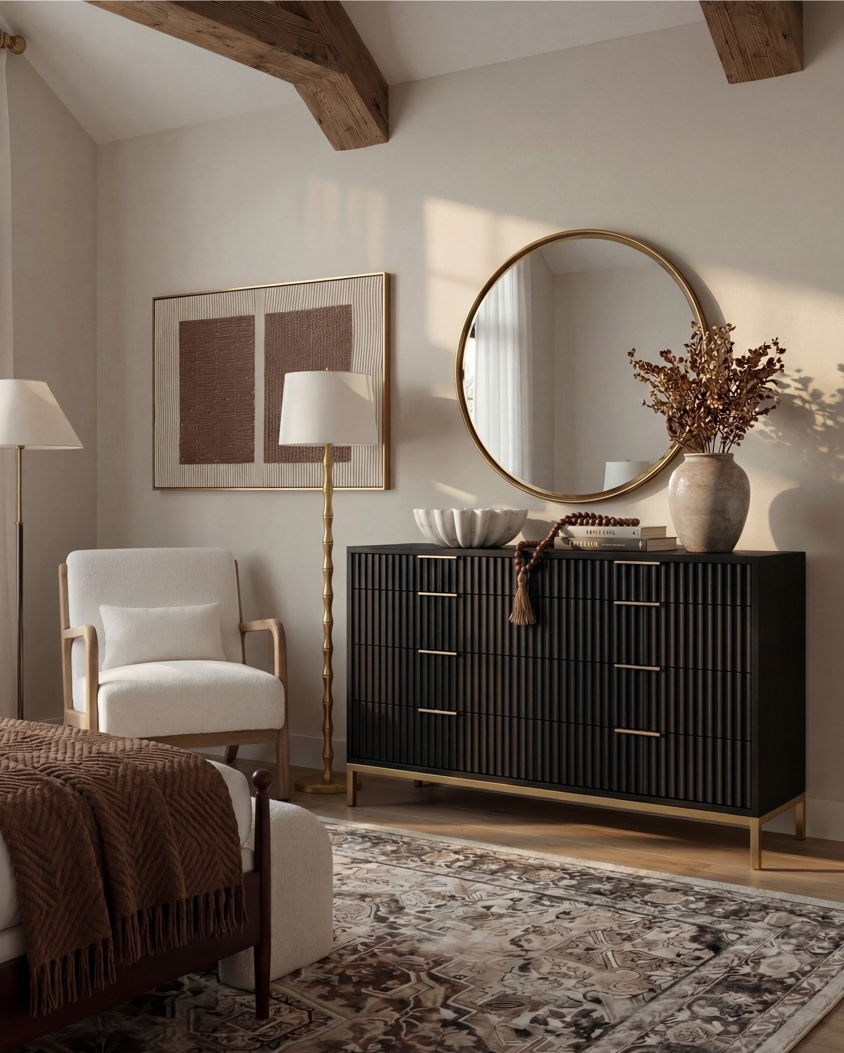 Shop the Look: Bedroom Refresh
• Dark wood bed frame with curved headboard
• Crisp white bedding set (duvet + sheets)
• Warm brown accent pillows
• Textured knit or woven throw blanket (camel/brown)
• Ivory boucle bench stools (set of two)
• Vintage-style patterned area rug (neutral brown + taupe tones)
• Wood nightstands with drawers
• Table lamps with white drum shades
• Wall sconces with brass detail
• Framed landscape artwork above bed
• Organic-shaped wall mirrors (brass frame)
• Black fluted dresser with brass hardware
• Round brass wall mirror
• Sculptural white ceramic bowl
• Decorative books with wood bead garland
• Neutral ceramic vase with dried branches
• Upholstered accent chair (cream fabric, wood frame)
• Slim brass floor lamp with white shade

#LTKhome #LTKsale #LTKstyletip