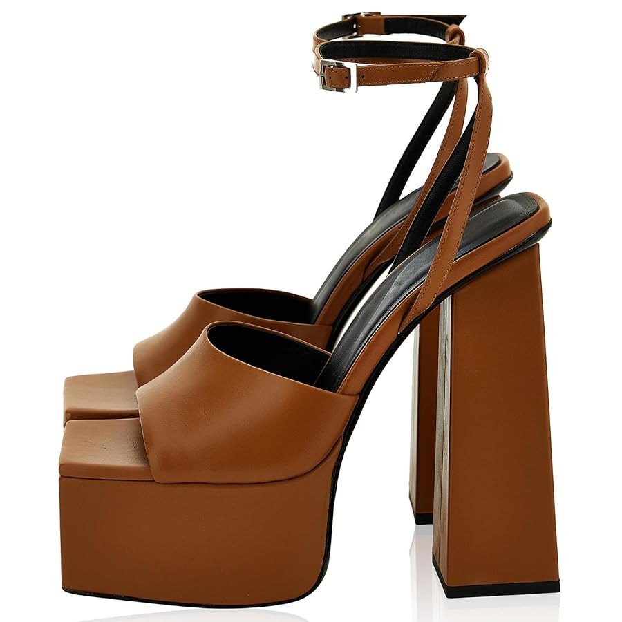 Platform Chunky Heels for Women, Block High Heeled Sandals with Open Square Toe Ankle Strap Wedding Dress Heels | Amazon (US)