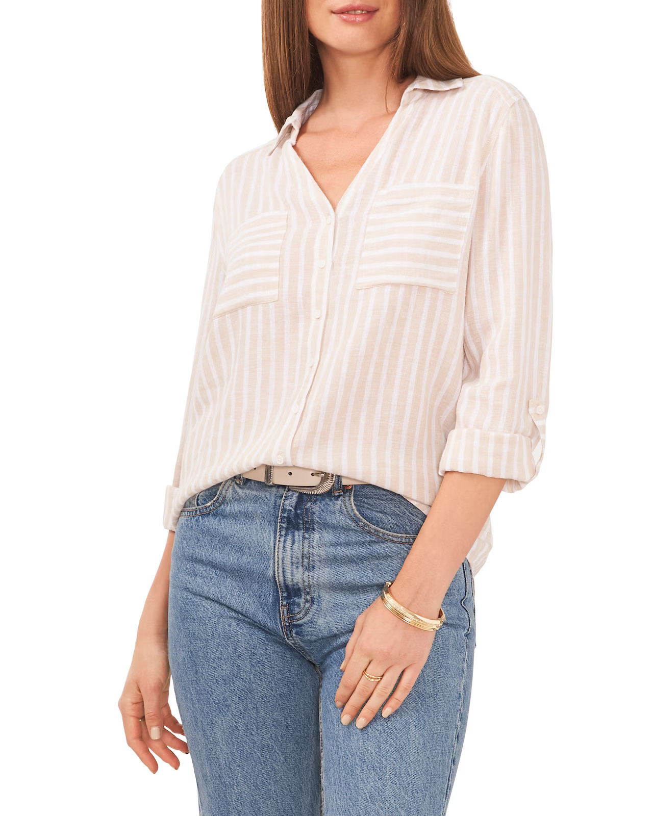 Vince Camuto Striped V-neck Button-down Shirt | Vince Camuto