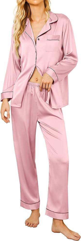 Ekouaer Valentine Pajama Set Womens Satin Sleepwear Sets Long Pj Loungewear with Buttons(Deep Pin... | Amazon (US)