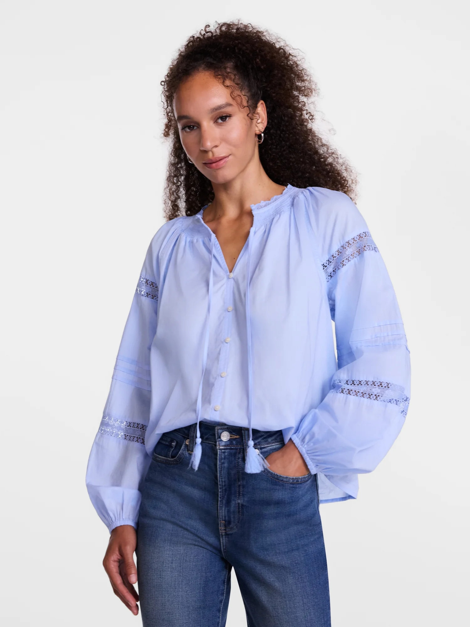 Scenario Women's and Women's Plus Smocked Neck Top with Lace Inserts, Sizes XS-4X | Walmart (US)