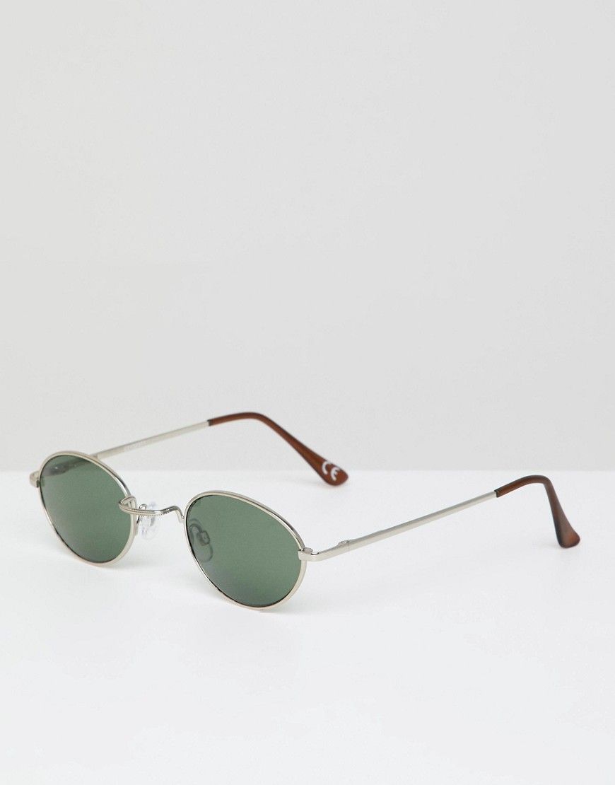 ASOS DESIGN Oval Sunglasses In Brushed Silver With Green Lens - Silver | ASOS UK