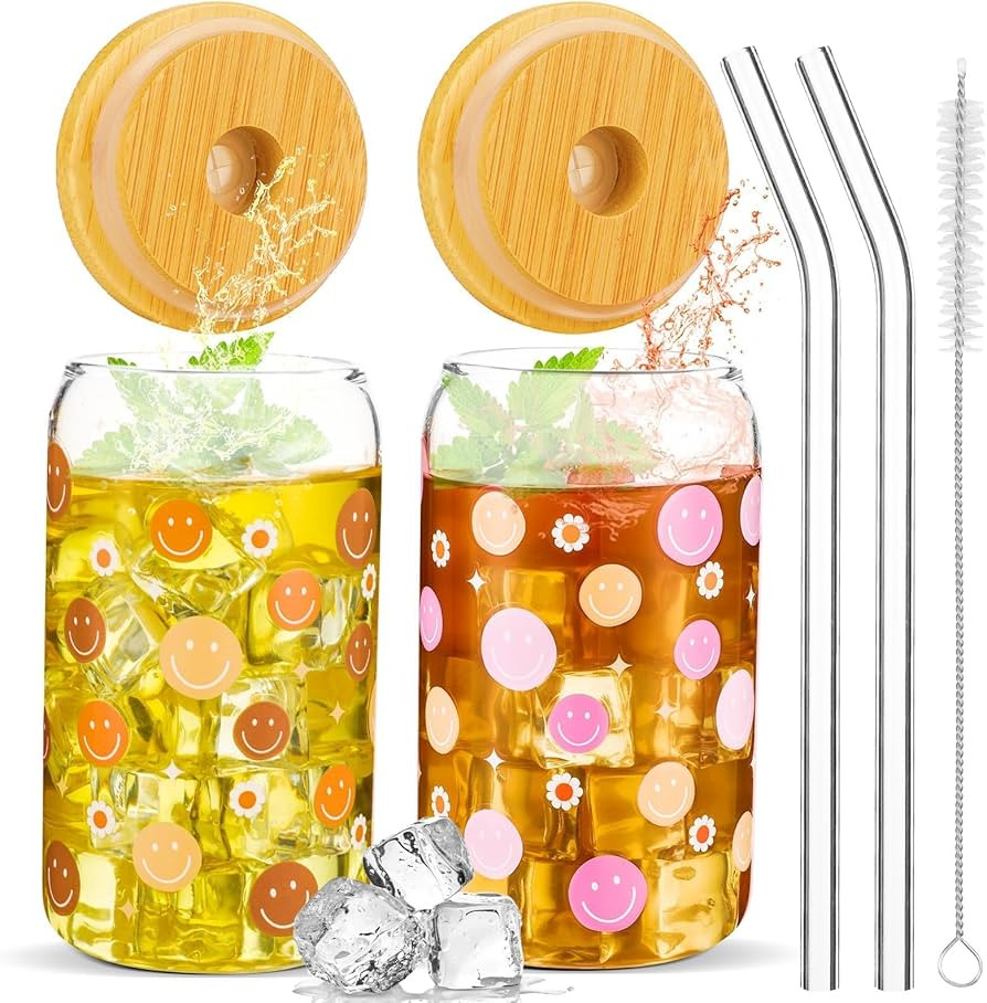 gisgfim 2 Pcs Smile Face Ice Coffee Cup Boho Glass Cup with Straw and Bamboo Lids 16oz Recycled R... | Amazon (US)