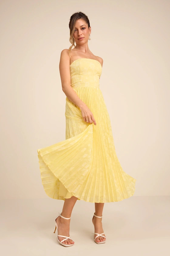 Perfectly Stunning Yellow Jacquard Strapless Midi Dress | Lulus