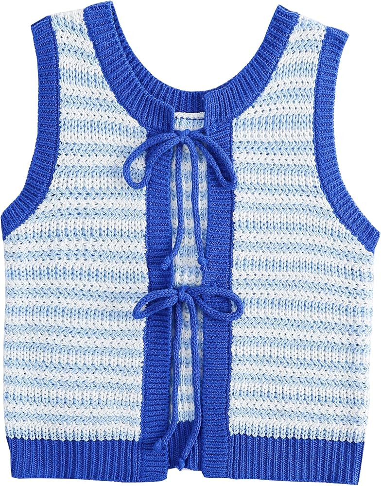 Sweater Vest Women Casual Sleeveless Crochet Tops Color Block Tie Back Knit Tank Tops | Amazon (US)
