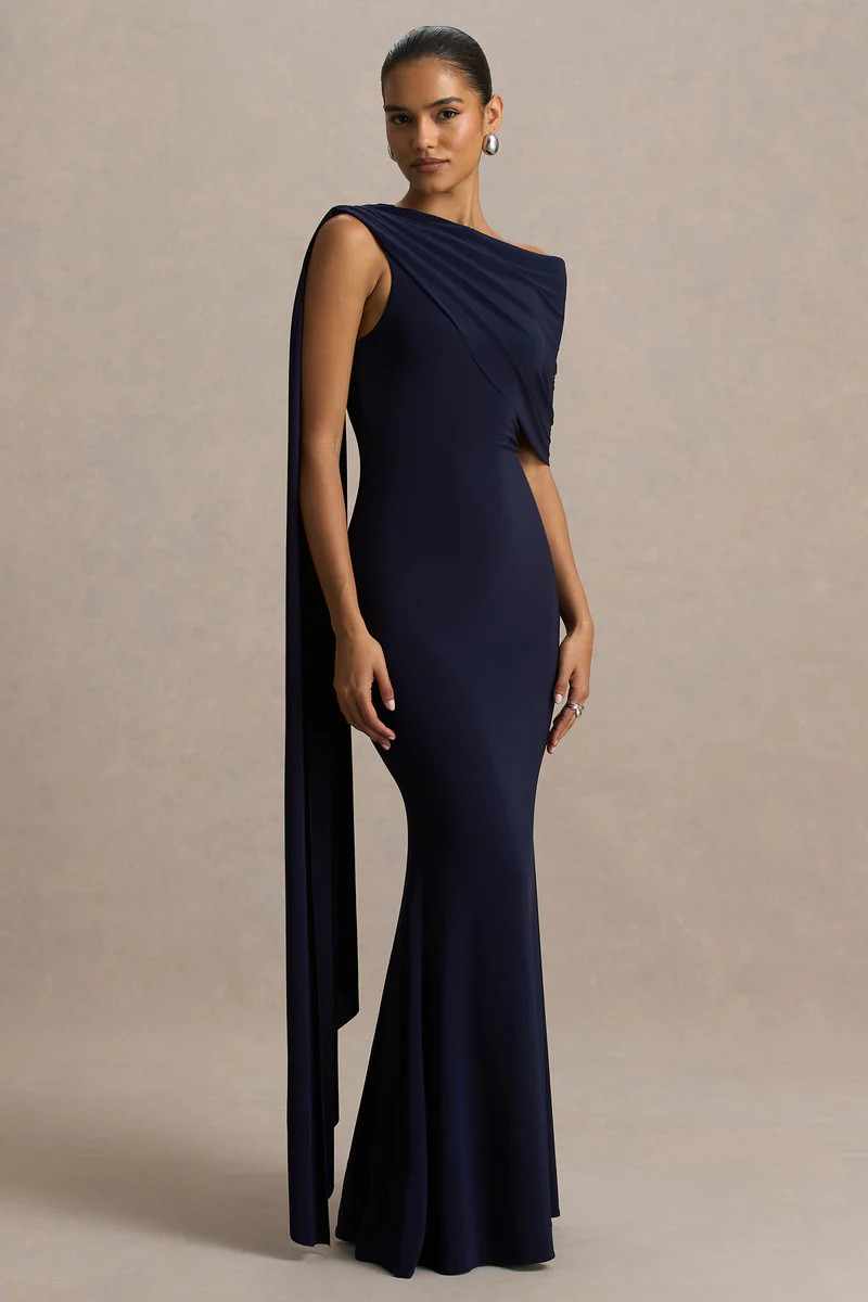 Tiana  Navy Asymmetric-Neck Maxi Dress With Drape-Detail | Club L London