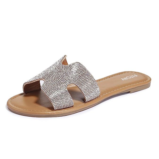 FITORY Womens Flat Sandals Rhinestone Slides Slip On Outdoor Shoes | Amazon (US)
