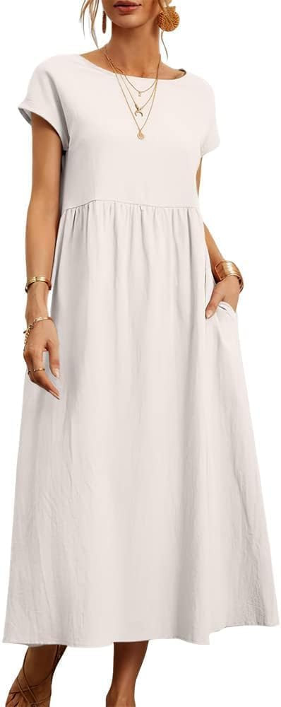 BIRW White S Dresses for Women 2024 Summer Cotton Linen Solid Crewneck Short Sleeve Dress Loose C... | Amazon (US)