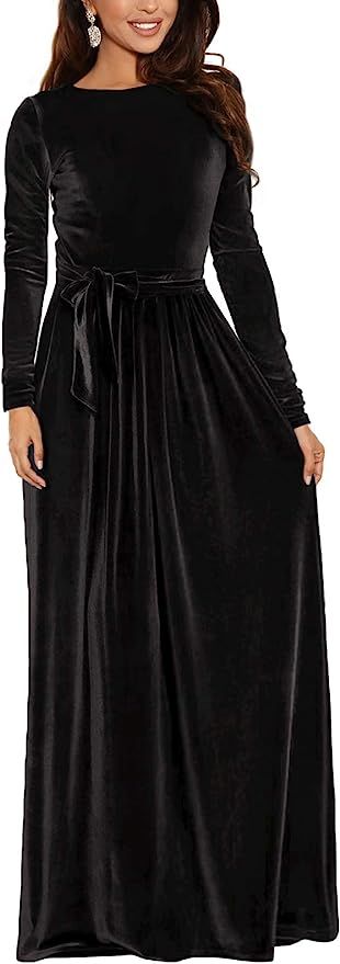 Zattcas Women's Elegant Velvet Long Sleeve Maxi Dress Winter Party Long Dress | Amazon (US)